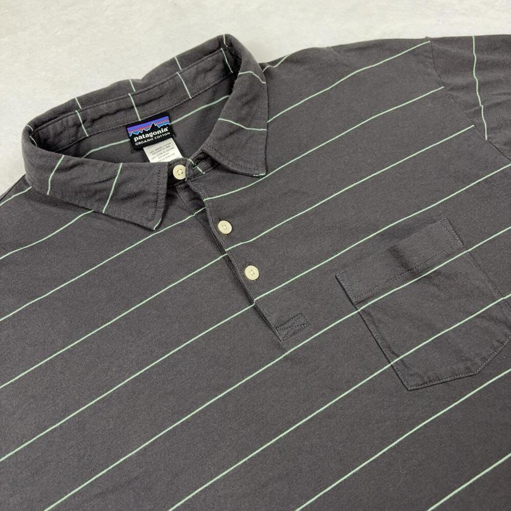 Patagonia Polo Shirt Mens XL Gray Striped 100% Organic Cotton Pocket Collared